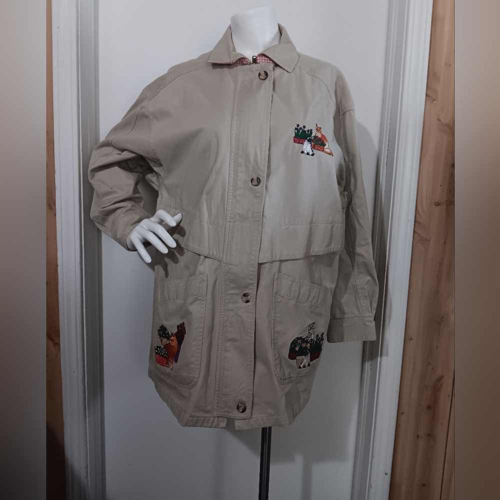 Casey Coleman Cotton Beige Zip-Up Embroidered Cats Women Jacket Sz S-M